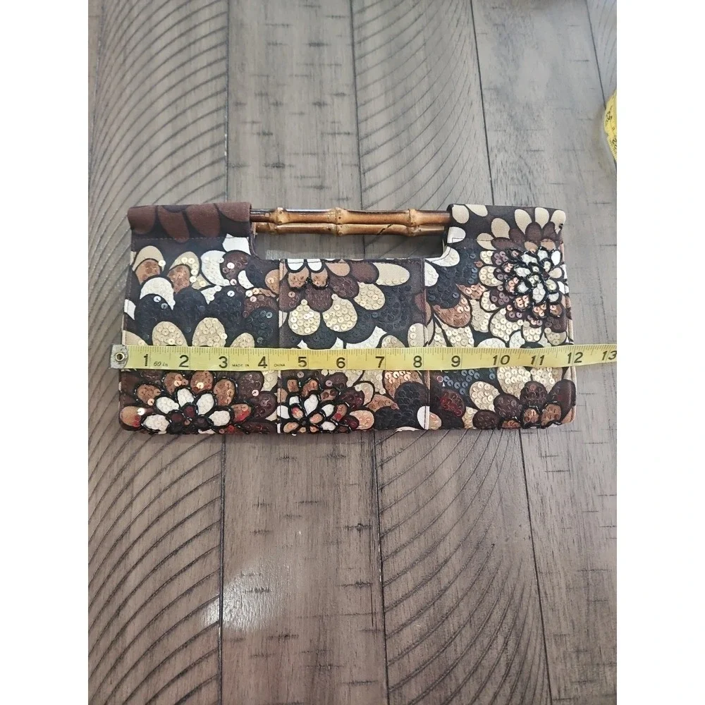 The Limited Handbag Neutral Sequin Floral Clutch Bamboo Handles Mod Chic Coastal - Picture 14 of 16